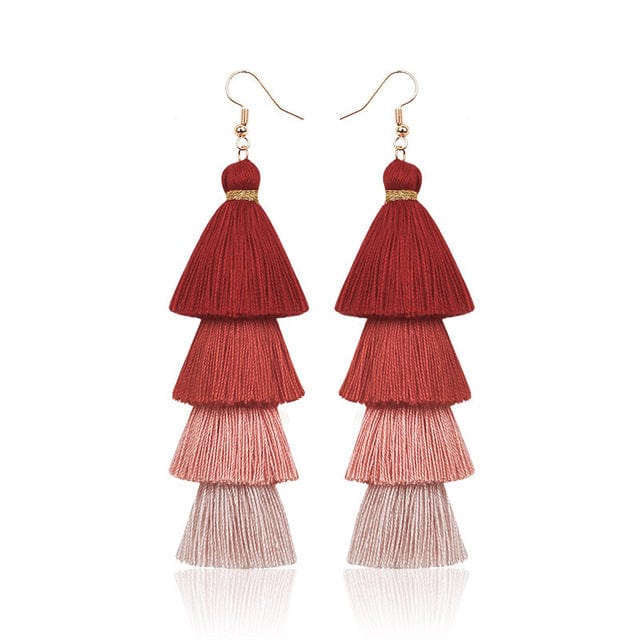 cambioprcaribe Red Multilayer Bohemian Tassel Earrings
