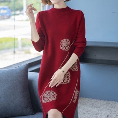 cambioprcaribe red wine / L Floral Knitted Sweater Dress