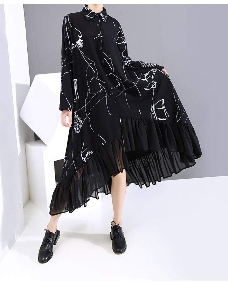 cambioprcaribe Shirt Dress Abstract Black and White Ruffled Shirt Dress | Millennials