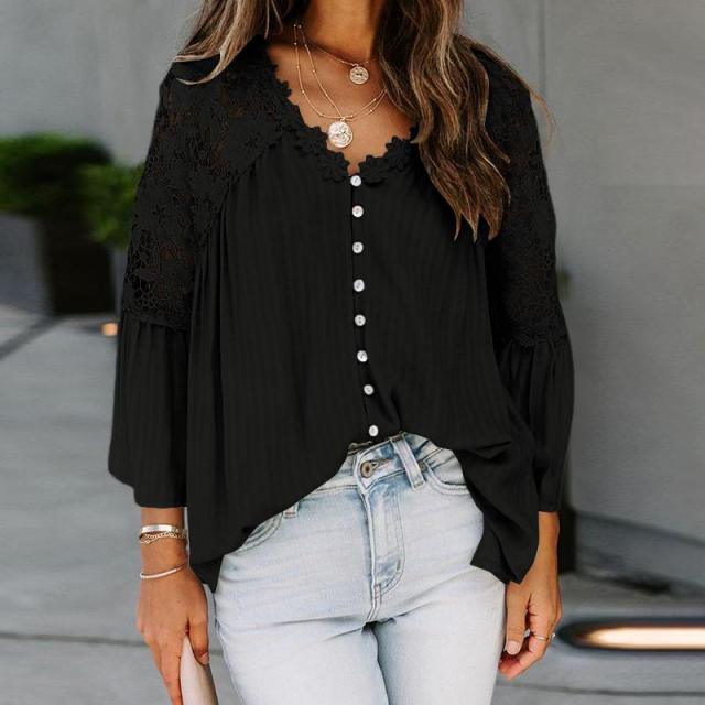 cambioprcaribe shirts S / Black Boho Chic V Neck Floral Lace Blouse