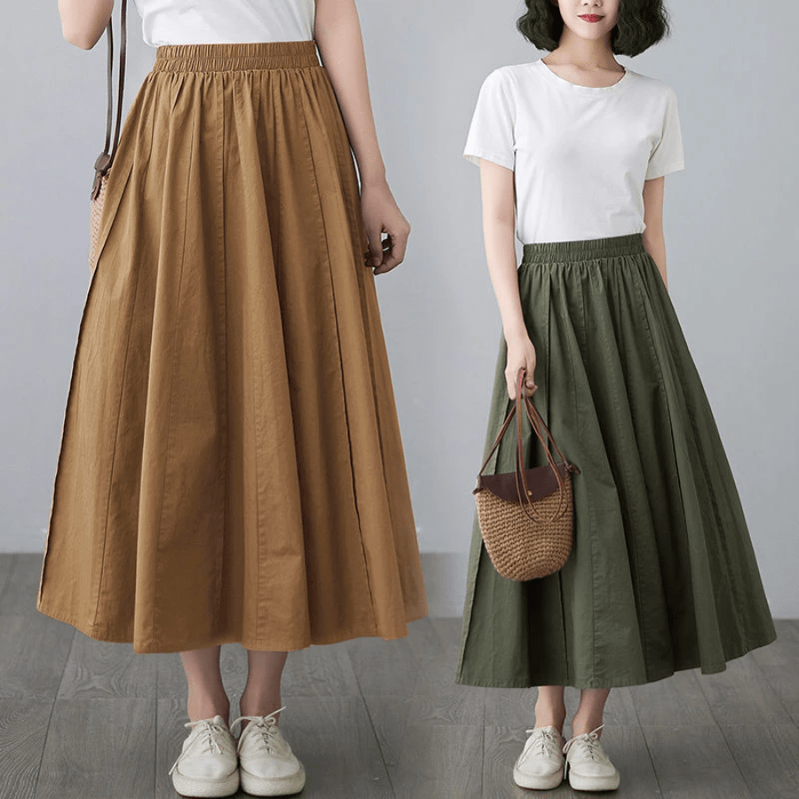 High Waist Cotton Linen Pleated Skirt