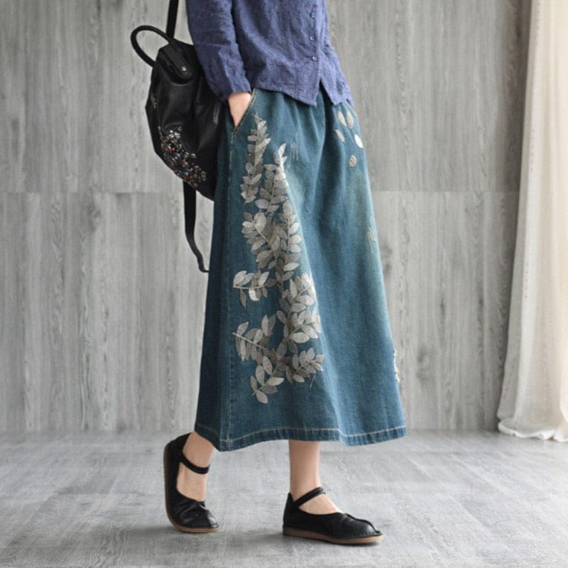 cambioprcaribe Skirts Rhea Embroidered Floral Denim Skirt