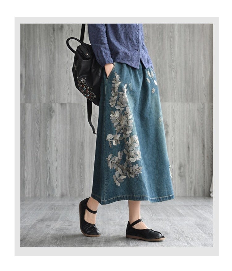 cambioprcaribe Skirts Rhea Embroidered Floral Denim Skirt