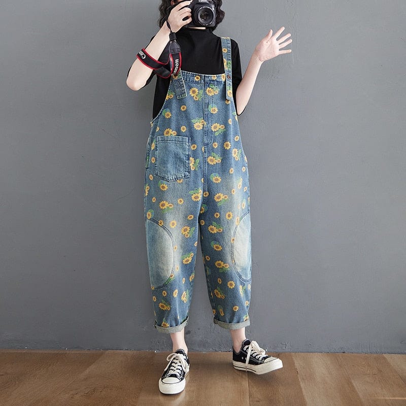 cambioprcaribe Sunflower Printed Denim Overall