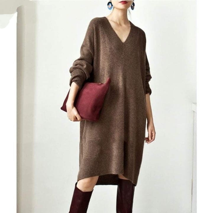 cambioprcaribe Sweater Dresses Camel / One Size Averi V-neck Sweater Midi Dress