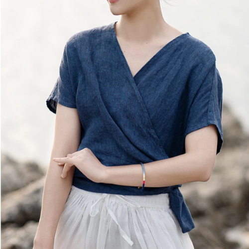 Wrap Linen Blue  V-neck T-Shirt