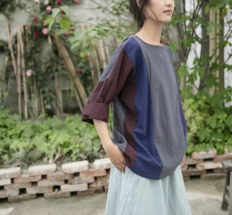 Cotton Linen Patchwork Tops | Lotus