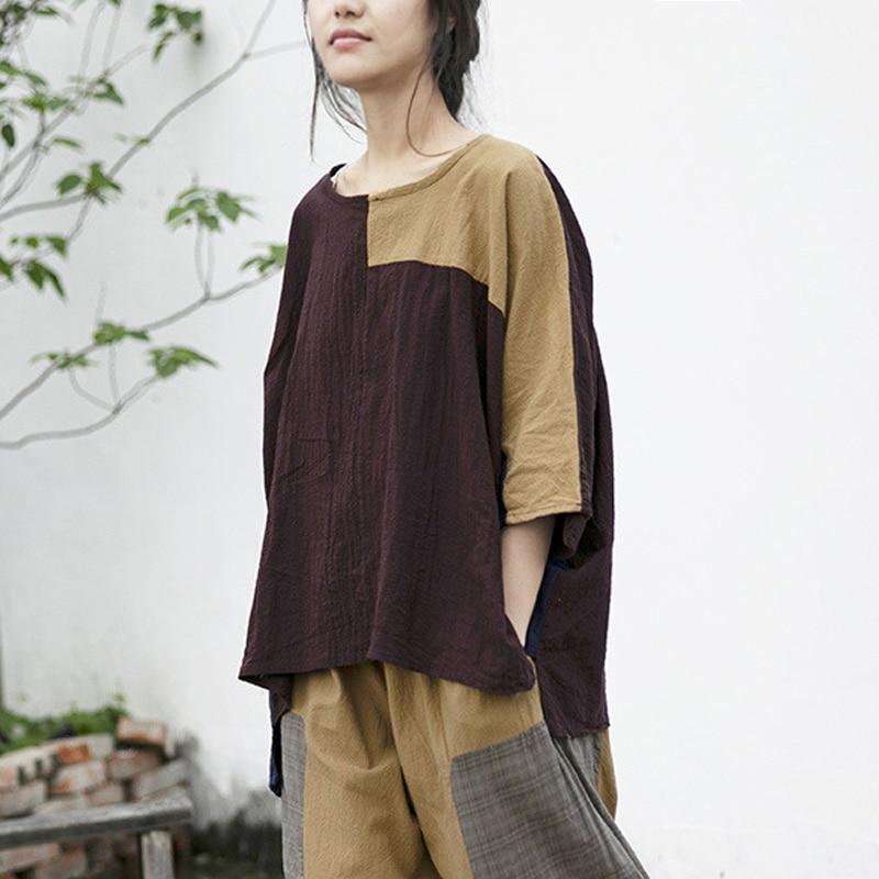 Loose Patchwork Cotton Linen T-Shirt | Lotus