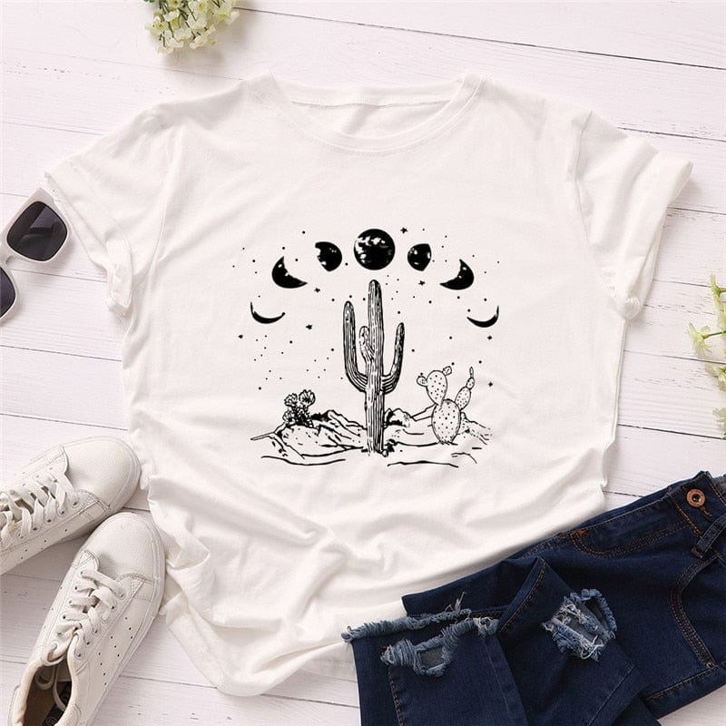 cambioprcaribe White / S Moon Cactus Loose Cotton T-Shirt