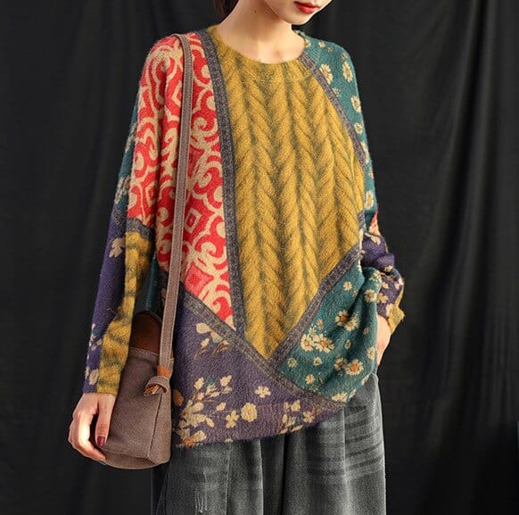 cambioprcaribe Yellow / One Size Knitting Retro Geometric Print Top