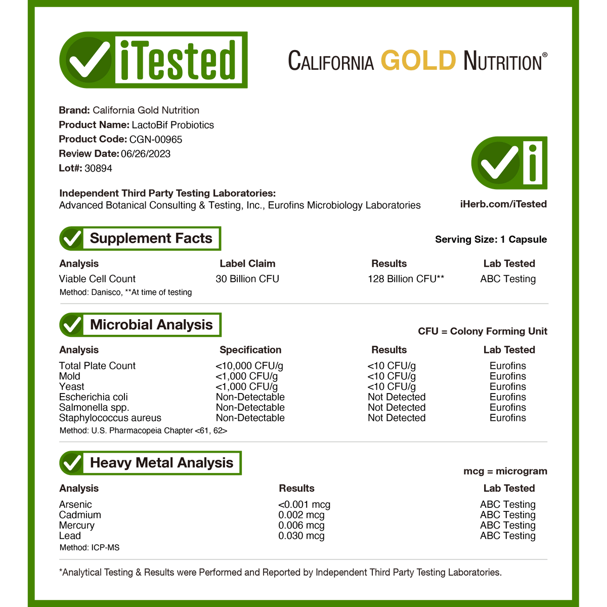 California Gold Nutrition, LactoBif Probiotics, 30 Billion CFU, 60 Veggie Capsules