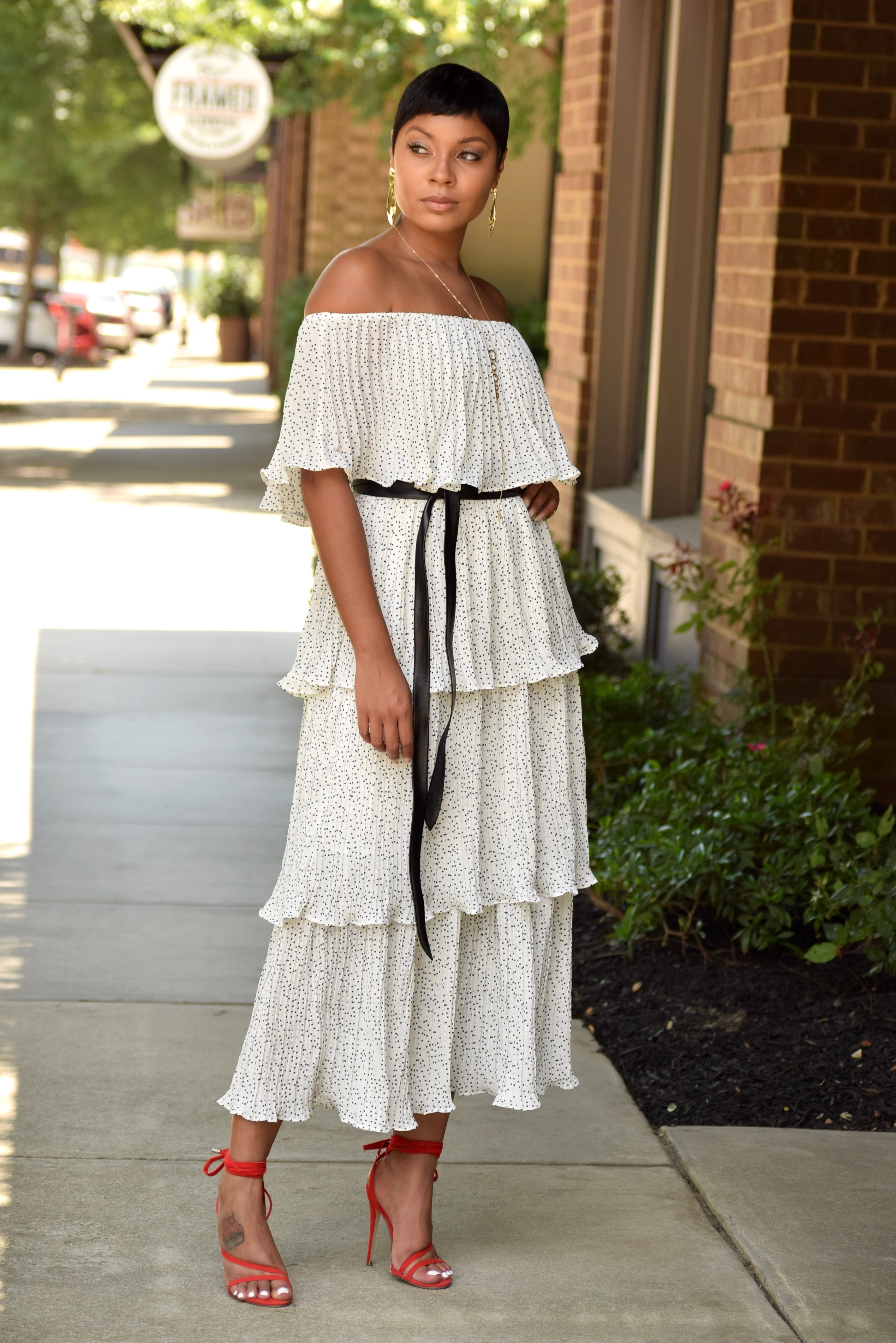 White Polka Dot Off the Shoulder Tiered Dress