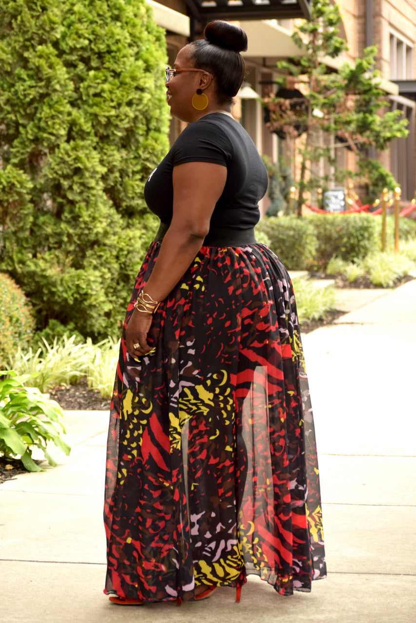 Curvy Abstract Print Sheer Maxi Skirt