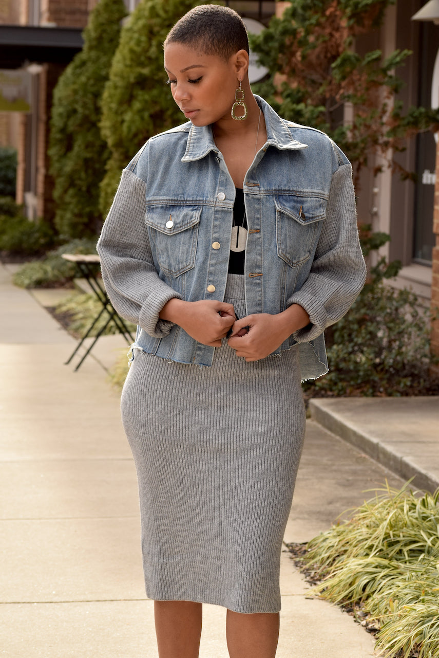 Oversize Knit Denim Jacket and Pencil Skirt Set