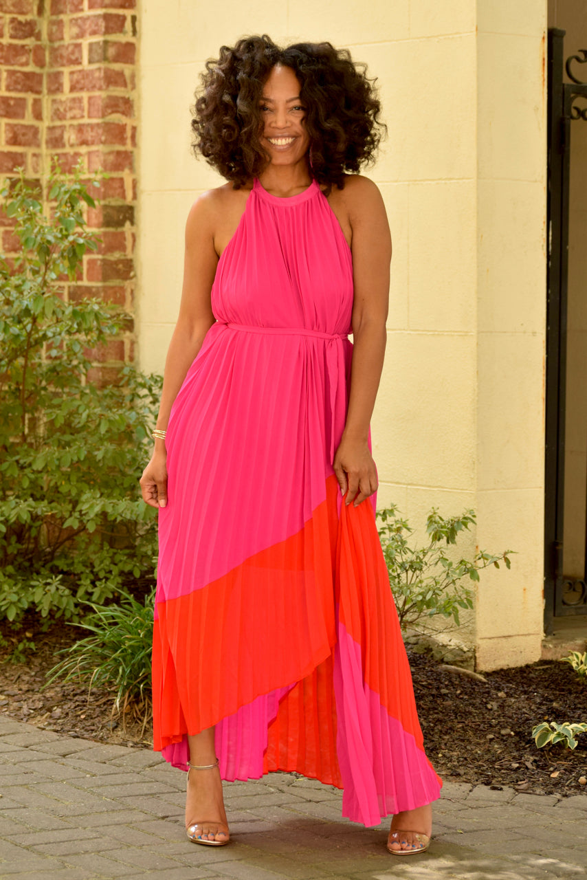 Magenta Colorblock Pleated Halter Hi Low Dress