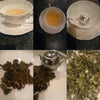 Montage of Java sunda purwa tea,leaves and infuser