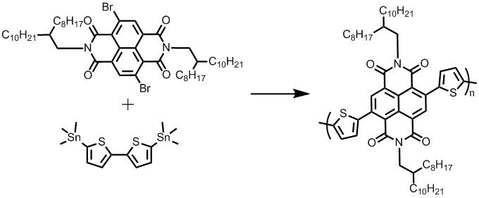 Synthesis of PNDI2OD-T2 by reacting 4,9-dibromo-2,7-bis(2-octyldodecyl)-Benzo[3,8]phenanthroline-1,3,6,8(2H,7H)-tetrone with 5,5'-bis(trimethylstannyl)-2,2'-bithiophene via Stille Coupling polymerisation