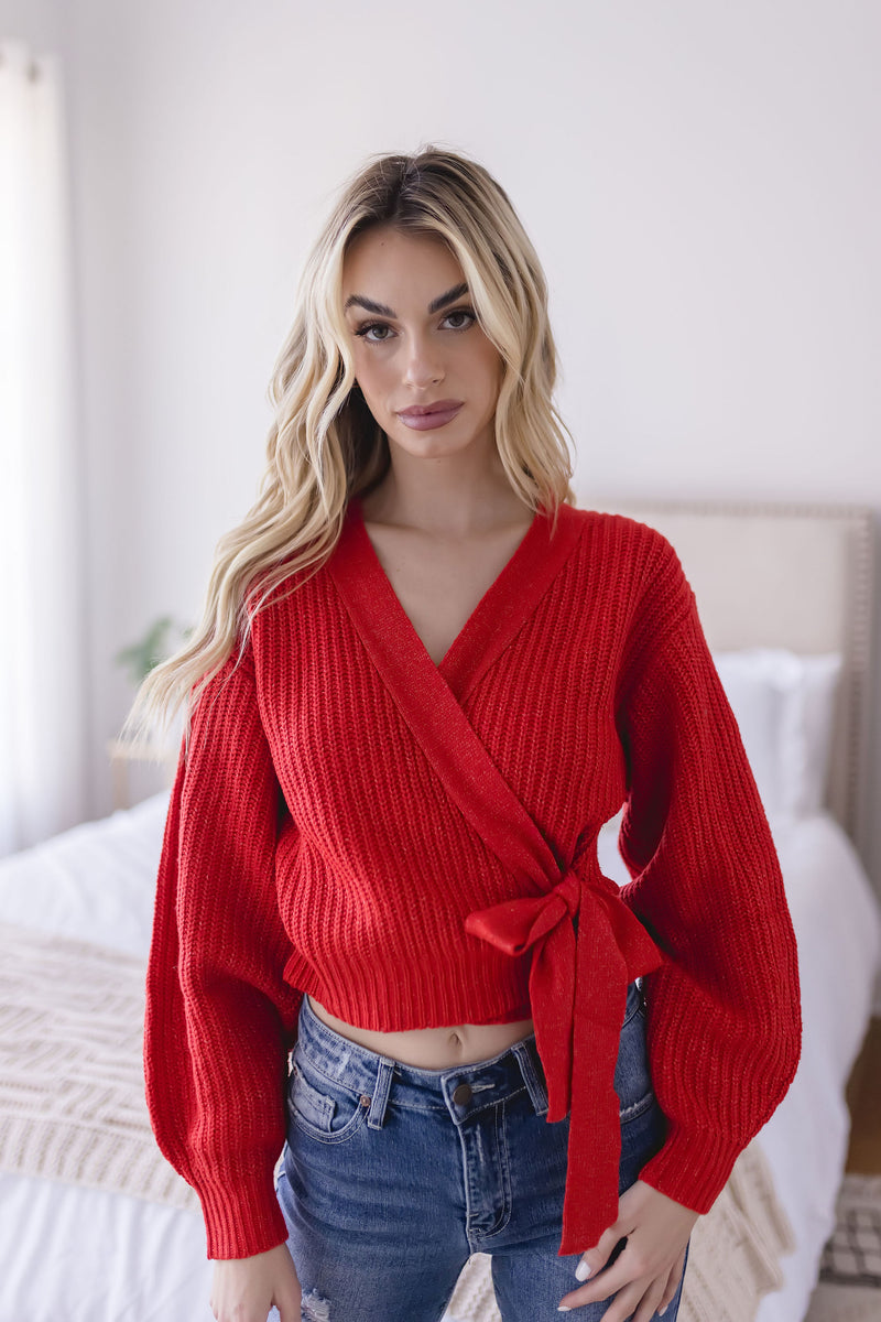 red sweater wrap