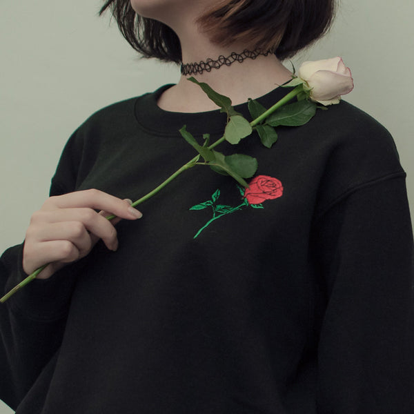 THE ROSE EMBROIDERED SWEATSHIRT BLACK - MJN ORIGINALS