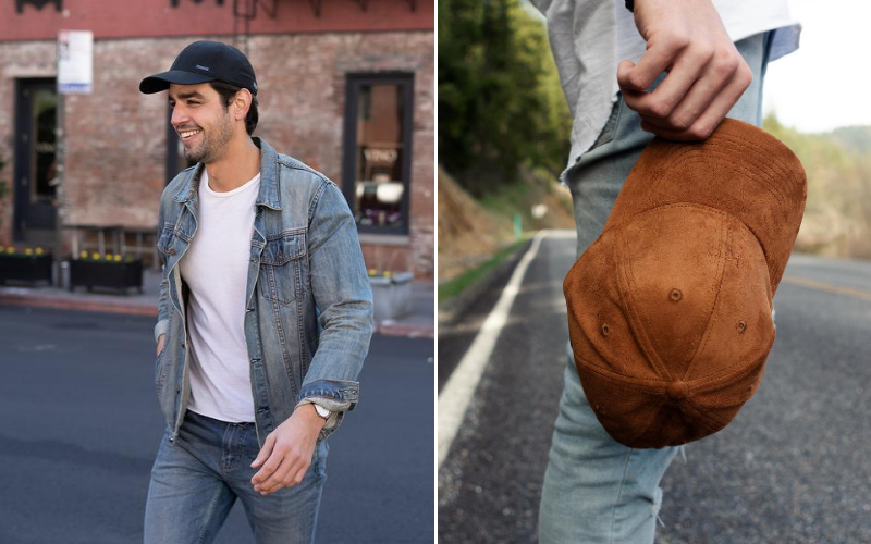 Man wearing baseball hat and close up photo of baseball hat