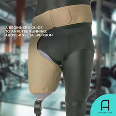 An above-knee mannequin amputee wears an above-knee suspension belt which can be used for prosthetic running.