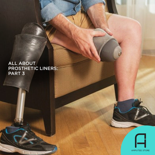 A below-knee amputee dons his prosthetic liner before donning his prosthetic leg. 