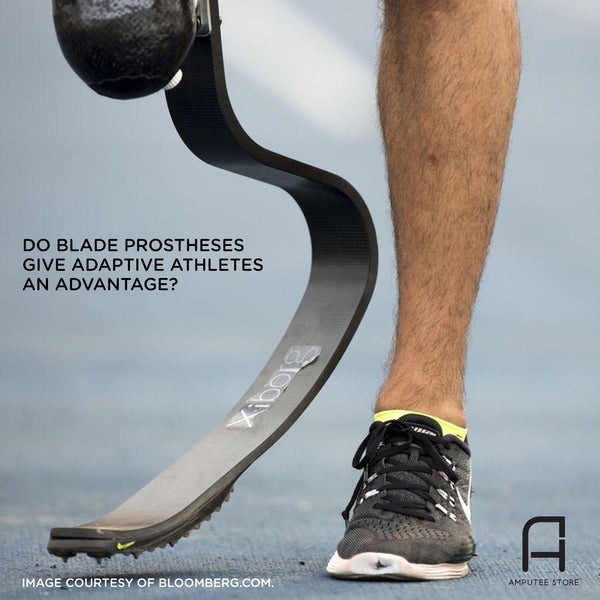An amputee runner wears his blade prosthesis.