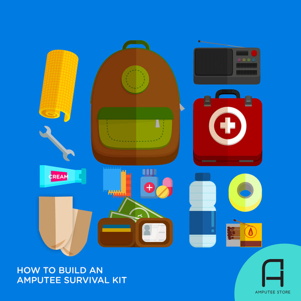 Several amputee essentials—the building blocks of a basic amputee survival kit—are laid out around a bag.