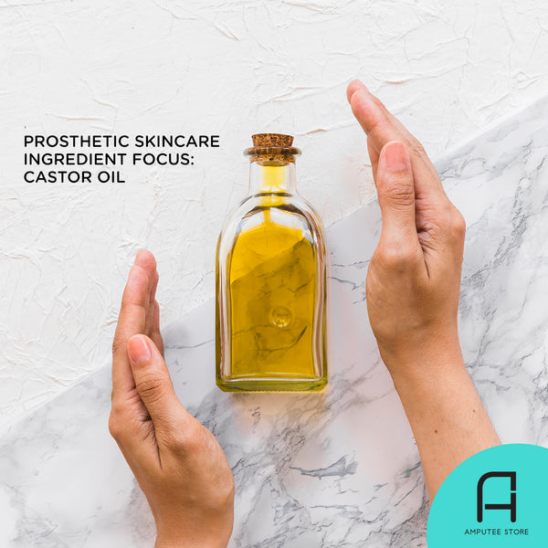 Bottle of castor oil which can be used for prosthetic skincare.