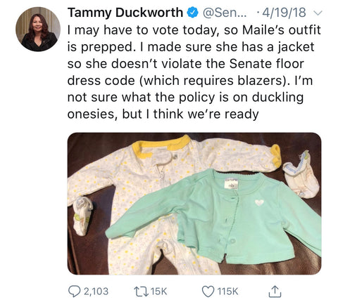 Senator Duckworth making sure her baby complies with Senate Floor dress code.