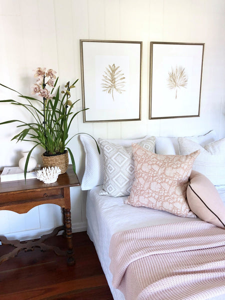 Hampton style bedroom with natural foliage wall art by Kerri Shipp Driftwood Interiors