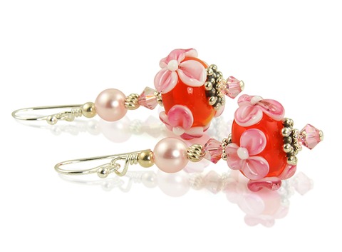 floral lampwork earrings