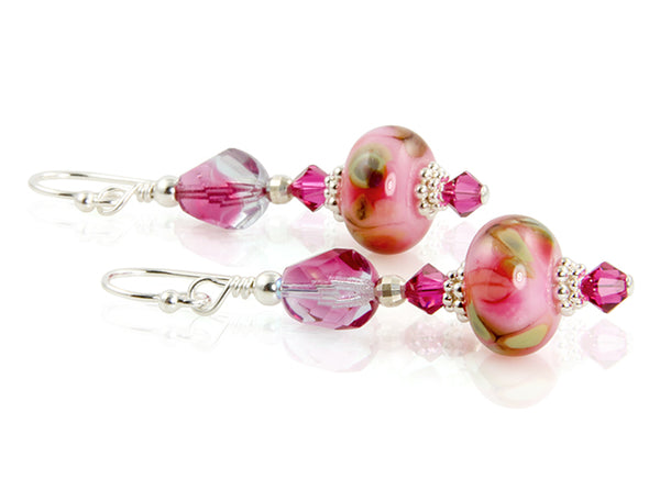 Handmade Pink Floral Lampwork Earrings