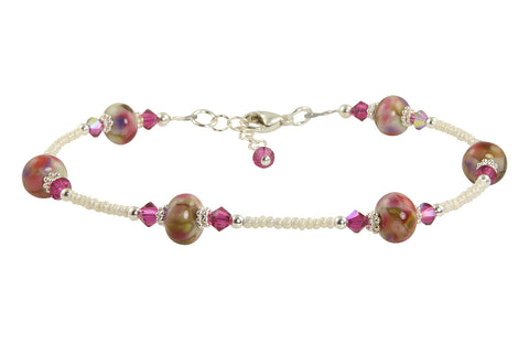 pink floral lampwork bead anklet