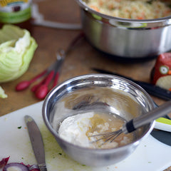 Place Greek yogurt, mayo, mustard, vinegar, lemon juice, and honey in a small bowl.