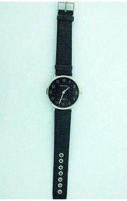 Fashion Costume Jewelry Fun Silver and Black Round Denim Strap Watch : 1316-SBK