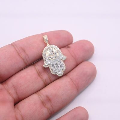 Hamsa Hand Allah Centered Baguette Diamond Pendant (1.25CT) in 10K Gold