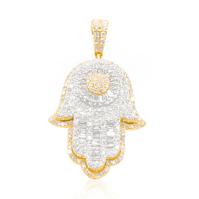 Hamsa Round Centered Baguette Diamond Pendant (1.50CT ) in 10K Gold