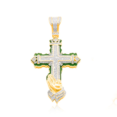 Cross Baguette Bling Emerald Praying Hand Diamond Pendant (1.00CT) in 10K Gold