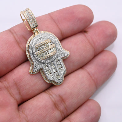 Hamsa Hand Round Centered Bling Diamond Pendant (2.09CT) in 10K Gold