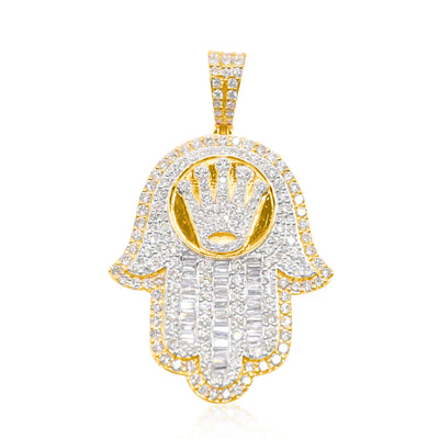 Hamsa Crown Centered Baguette Diamond Pendant (3.75CT) in 10K Gold
