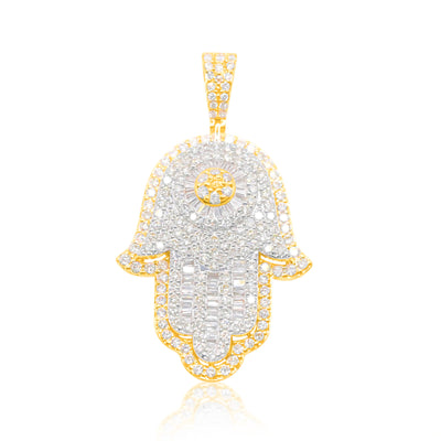 Hamsa Round Centered Baguette Diamonds Pendant (4.00CT) in 10K Two Tone Gold