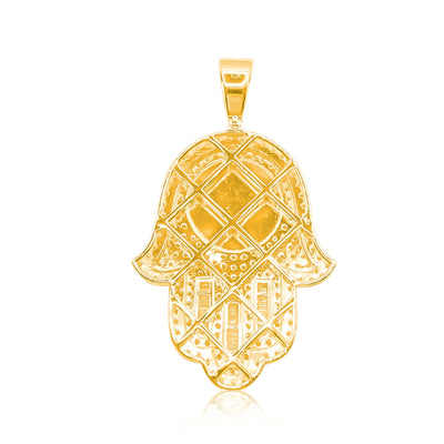 Allah in Hamsa Hand Baguette Bling Diamond Hamsa Pendant (7.00CT) in 10K Gold