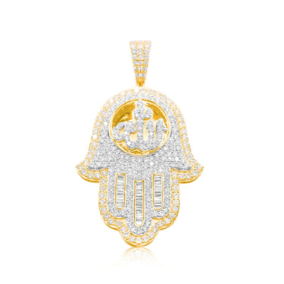 Allah in Hamsa Hand Baguette Bling Diamond Hamsa Pendant (7.00CT) in 10K Gold