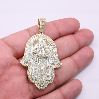 Allah in Hamsa Hand Baguette Bling Diamond Hamsa Pendant (7.00CT) in 10K Gold