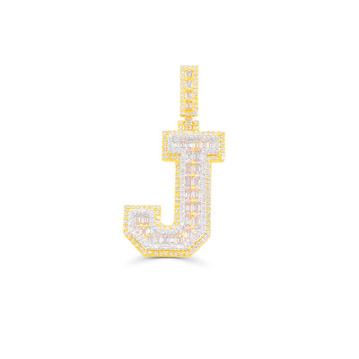 J Letter Baguette Diamond Pendant (3.75CT) in 10K Gold