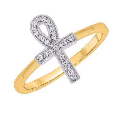 Egyptian Ankh Diamond Women's Ring (0.11CT) in 10K Gold - Size 7 to 12