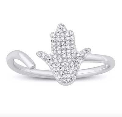 Hamsa Hand Open Cuff Diamond Cluster Women's Ring (0.12CT) in 10K Gold - Size 7 to 12
