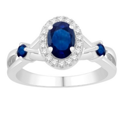 Round Shape Three Stone Sapphire Halo Diamond Women's Ring (1.31CT) in 14K Gold - Size 7 to 12