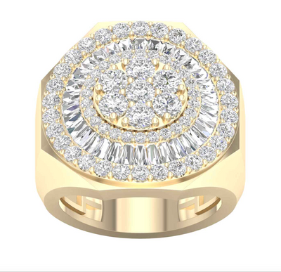 Round Shape Halo Baguette Diamond Cluster Men's Pinky Ring (3.10CT) in 10K Gold - Size 7 to 12